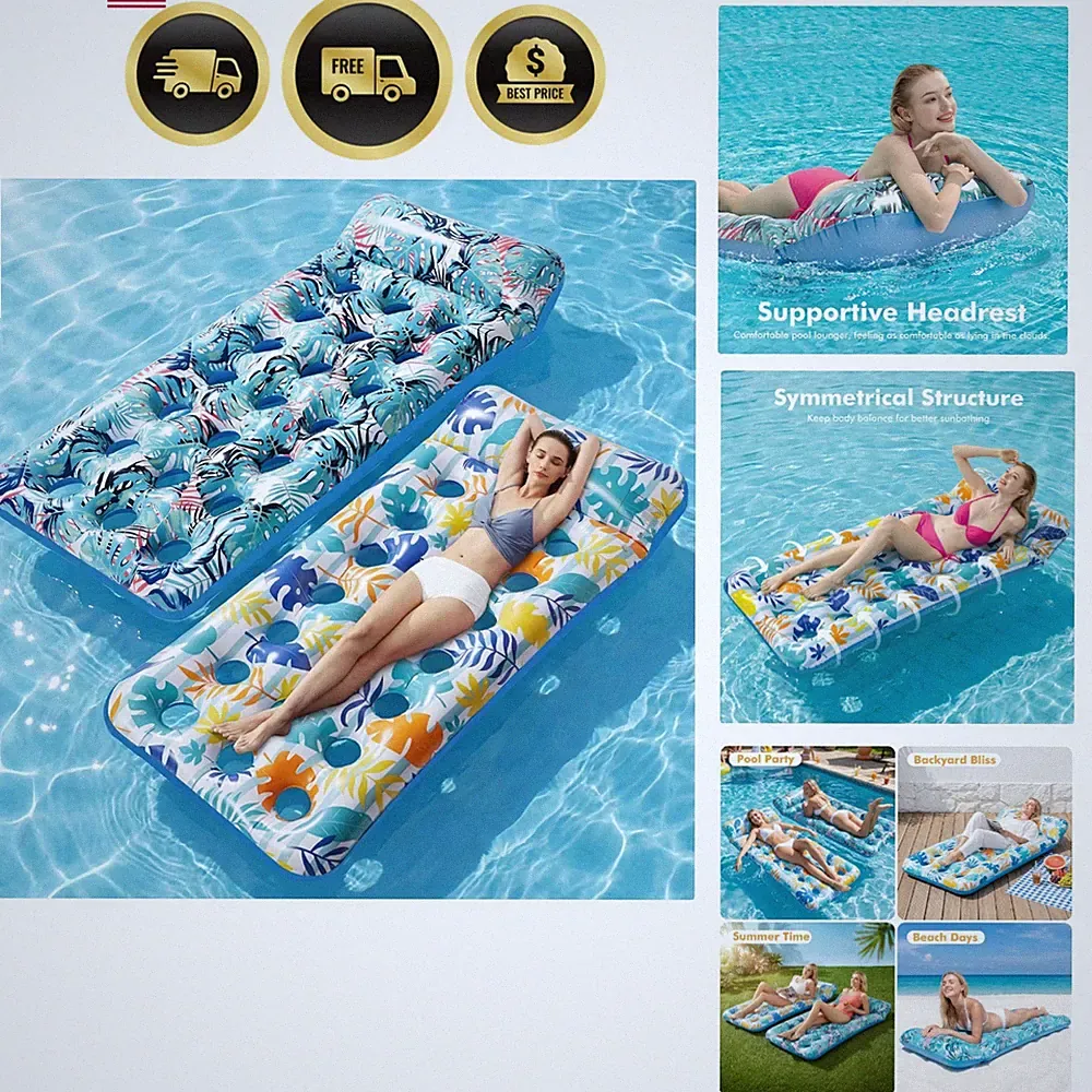 2 Pack Inflatable Pool Float Mat, Giant Pool Floats Adult Size with Headrest,...