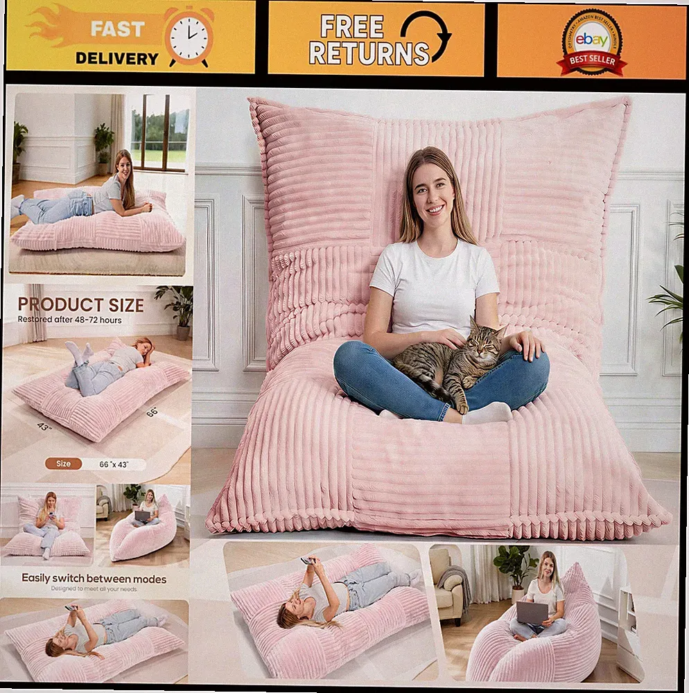 3-in-1 Convertible Giant Bean Bag Chair, Washable Floor Cushion for Adults, Pink