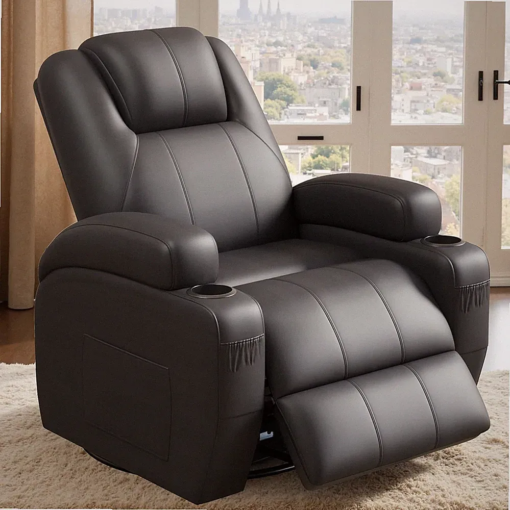 Black Leather Swivel Rocker Recliner with Massage & Cup Holders for Ultimate Com