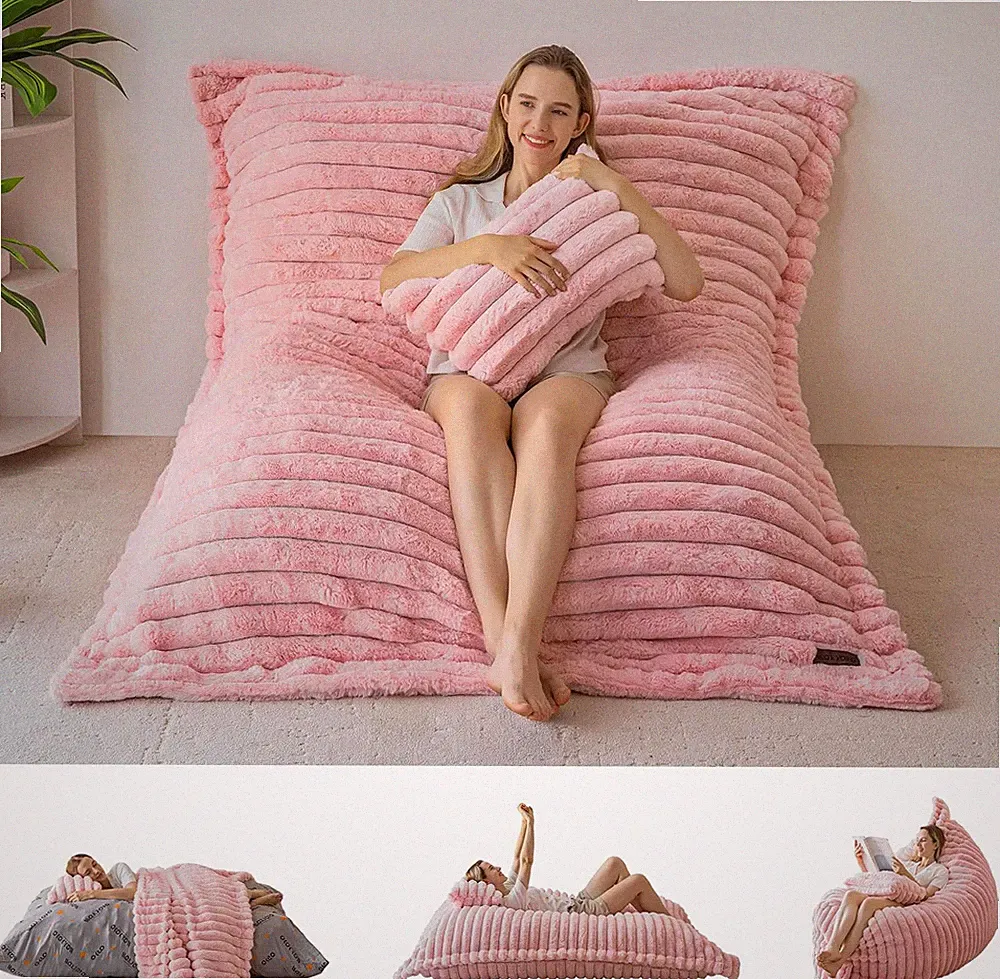 Convertible Giant Bean Bag Chair with Pillow, Pink, Removable Cover