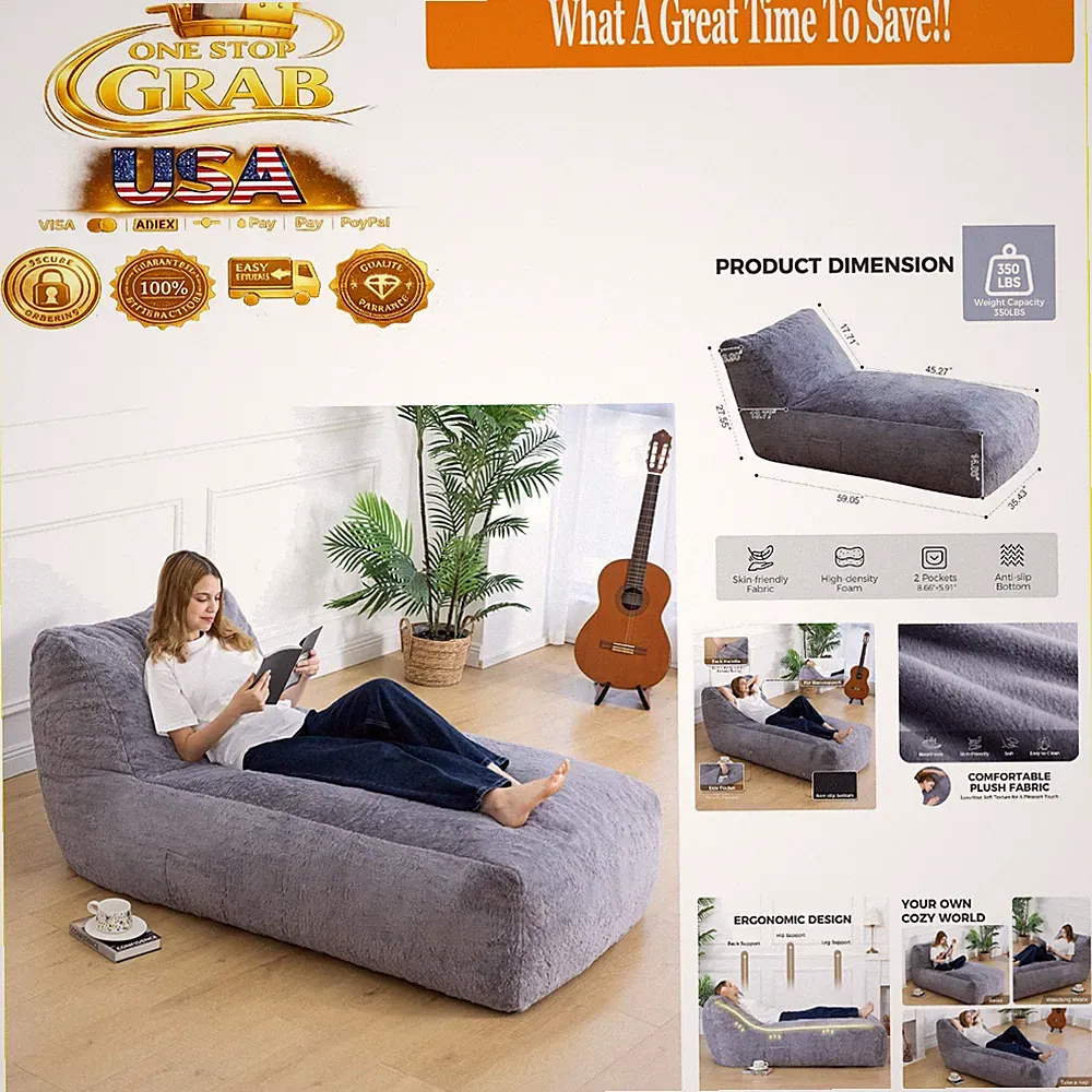 Giant 59-Inch Memory Foam Bean Bag Chair with Faux Fur Lounge Grey