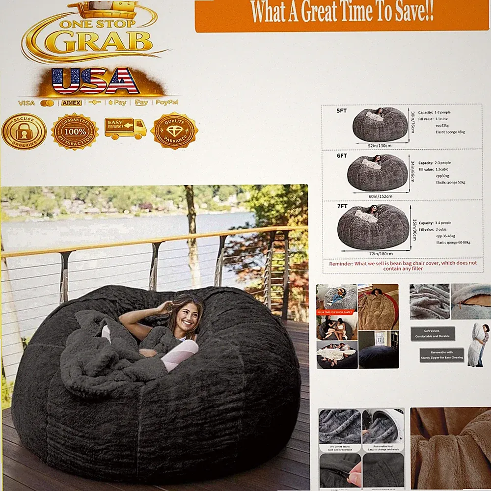 Giant Bean Bag Chair for Adults 7ft Removable Washable Cover Black