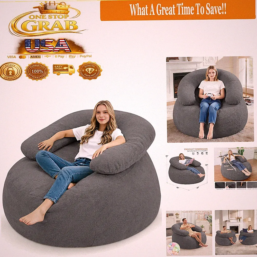 Giant Teddy Fleece Bean Bag Chair with U Pillow Oversized Lounge Grey