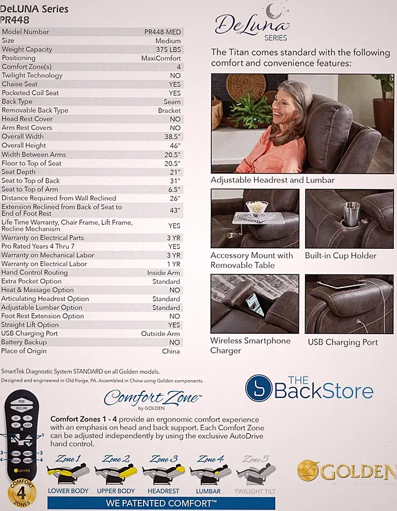 Golden Technologies Titan Medium PR448 Power Lift Chair 4 Zone Recliner...